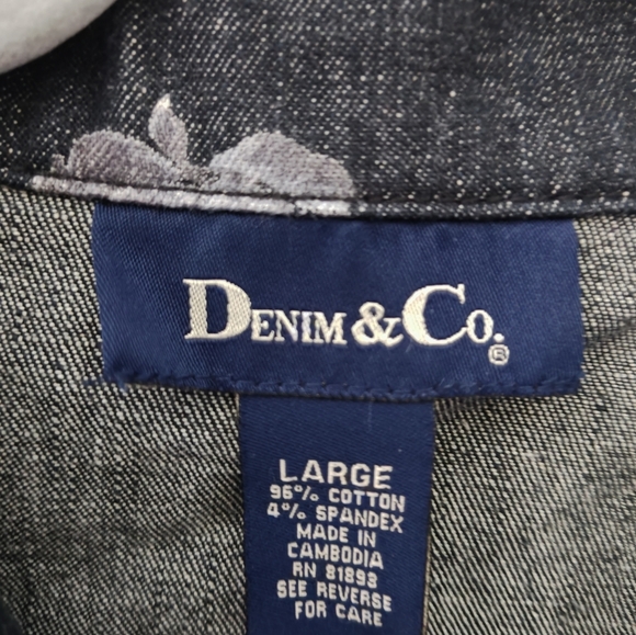 Denim & Co. Sz L Dark Black Cotton Twill Long Blazer Jacket Floral - Picture 3 of 4